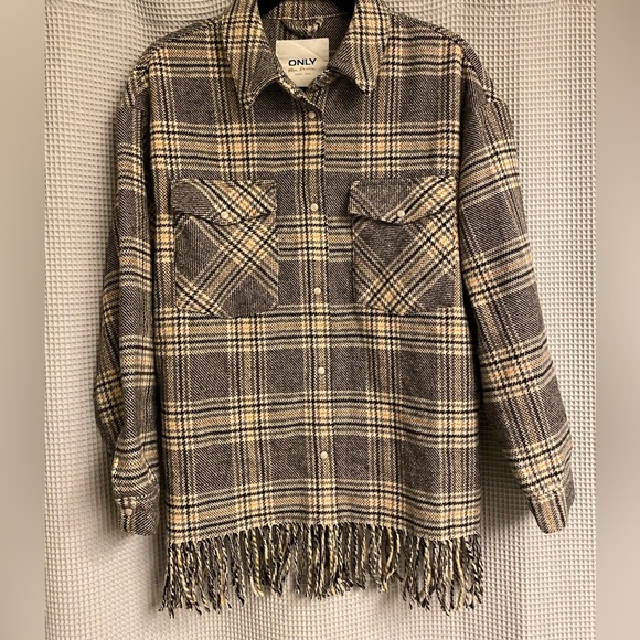 WOOL BLEND - ONLY Blue Denim Anno 1995 Plaid Snap Front Jacket - SIZE M - Picture 1 of 10